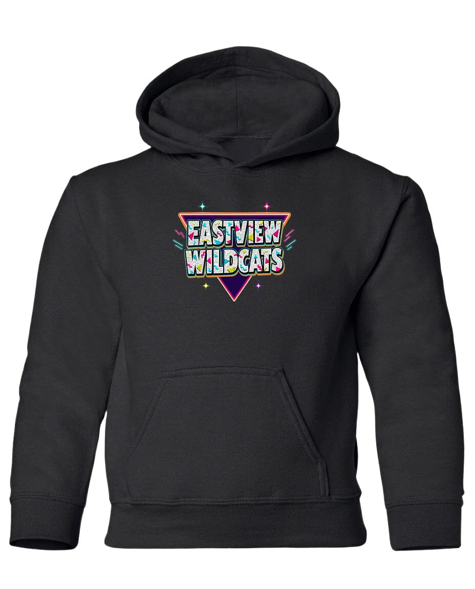 A black hoodie with a colorful graphic design on the front.