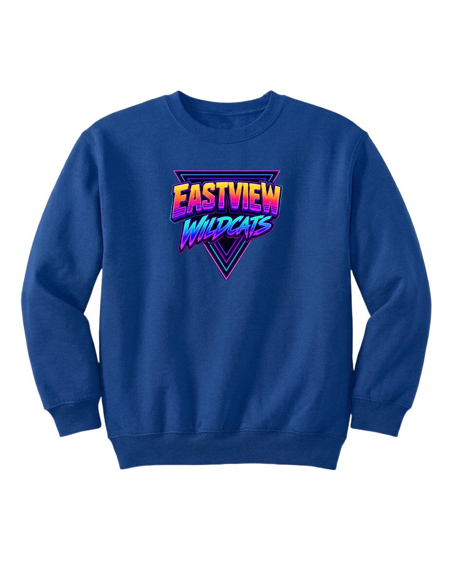 A blue sweatshirt with a graphic design featuring the text "EASTVIEW WILDCATS" in a colorful, retro-style font.