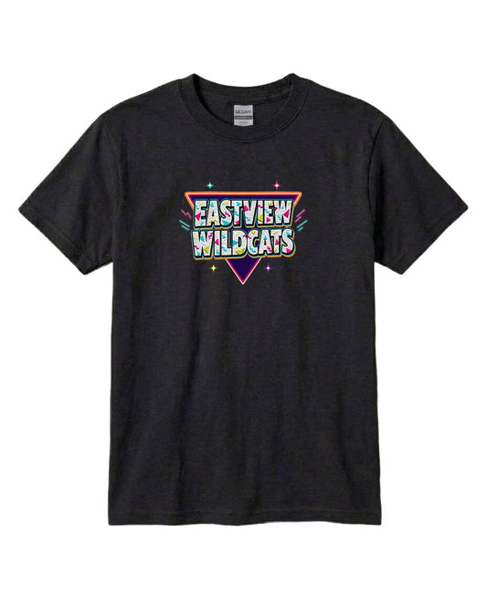 A black t-shirt with a colorful graphic design featuring the text "EASYVIEW WILDCATS" in a retro style.
