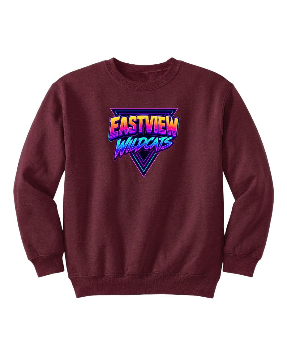 A burgundy sweatshirt with a graphic design featuring the text "EASTVIEW WILDCATS" in a colorful, retro-style font.