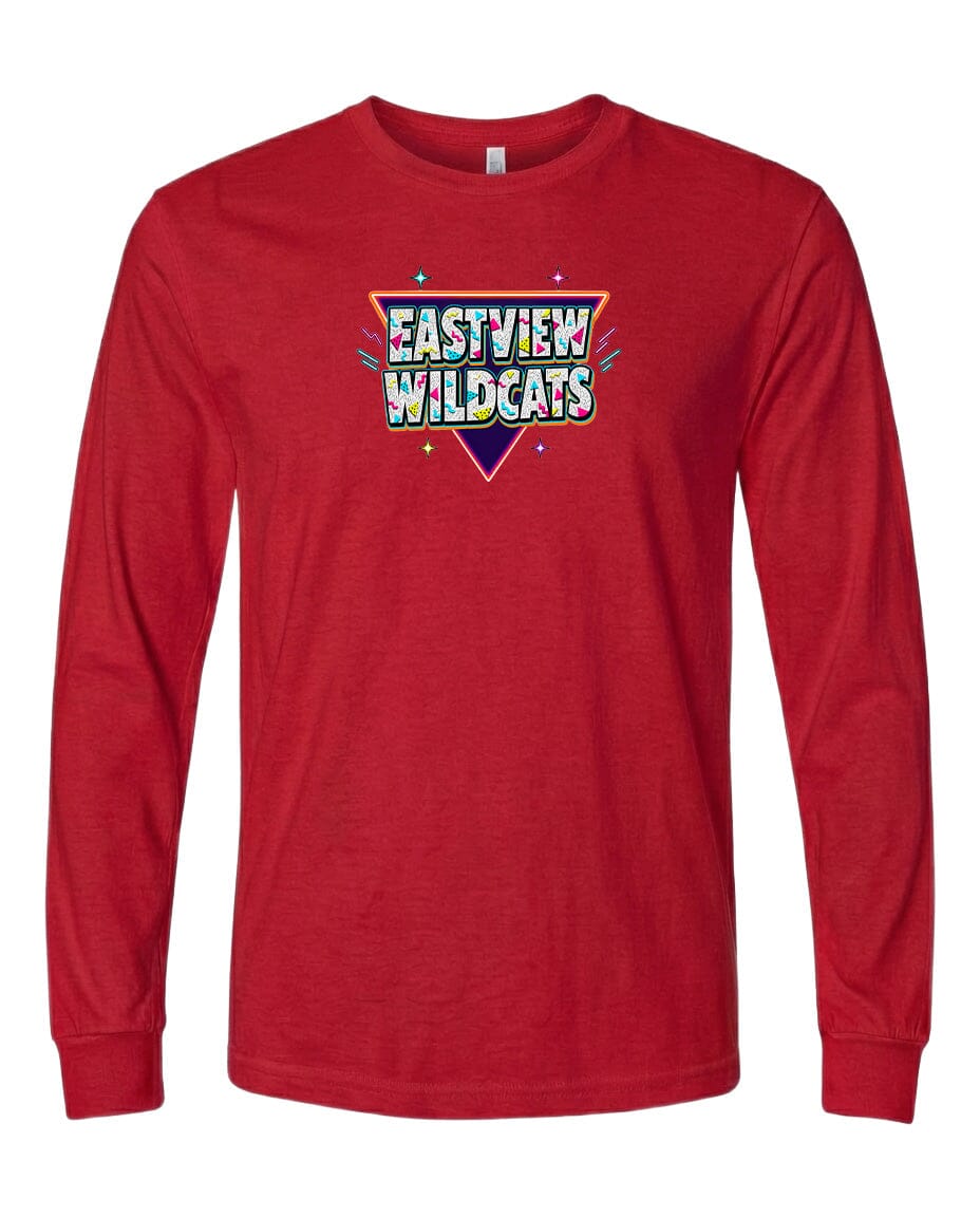 A red long-sleeved t-shirt with a colorful graphic design on the front.