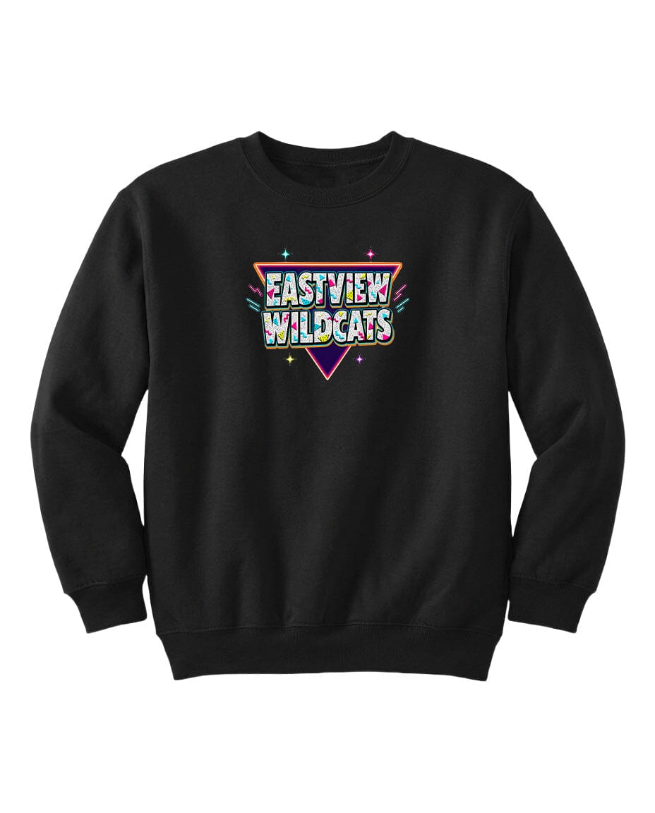 A black sweatshirt with a colorful graphic design on the front.