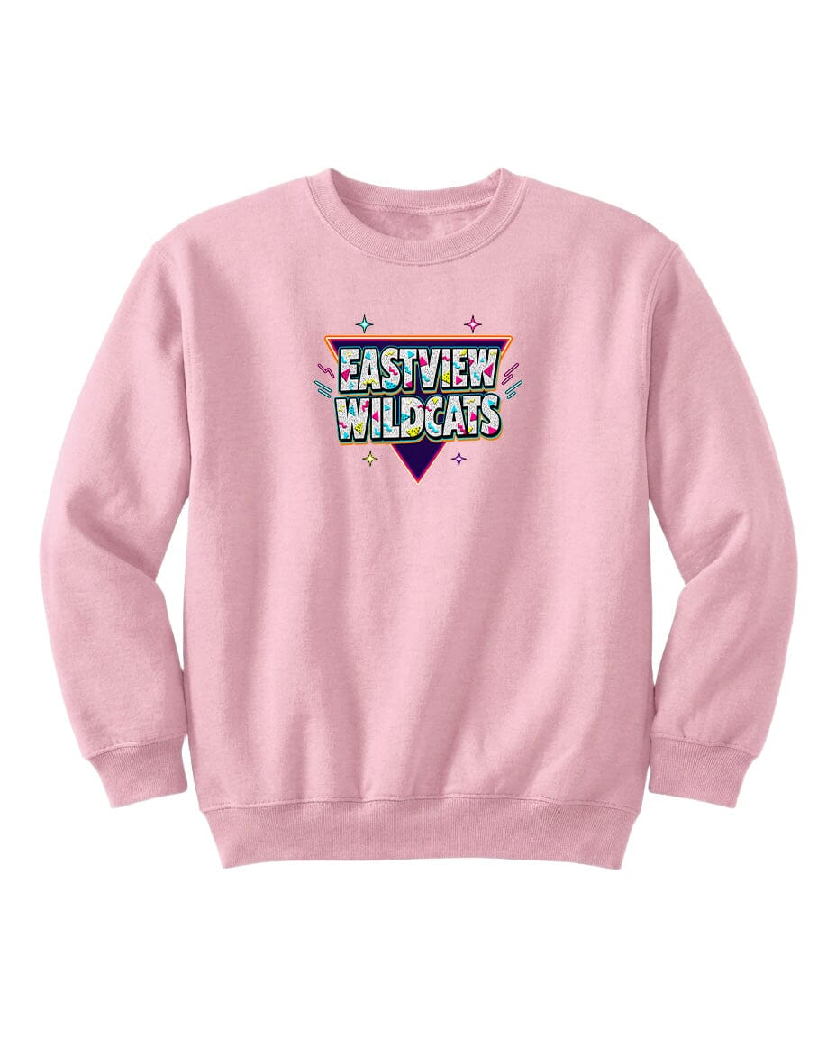 A pink sweatshirt with a graphic design featuring the text "EASTVIEW WILDCATS" in a colorful, retro-style font.