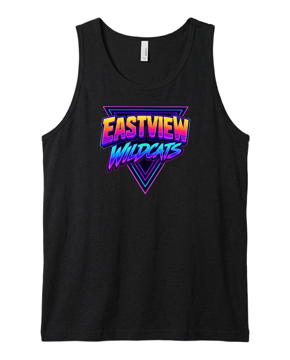 A black tank top with a colorful graphic design featuring the text "EASTVIEW WILD CATS" in a retro style.