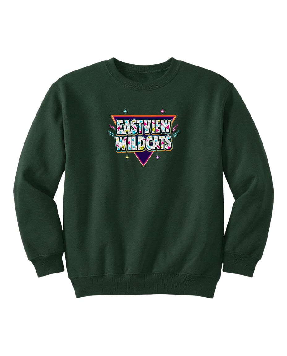 A dark green sweatshirt with a colorful graphic design on the front.