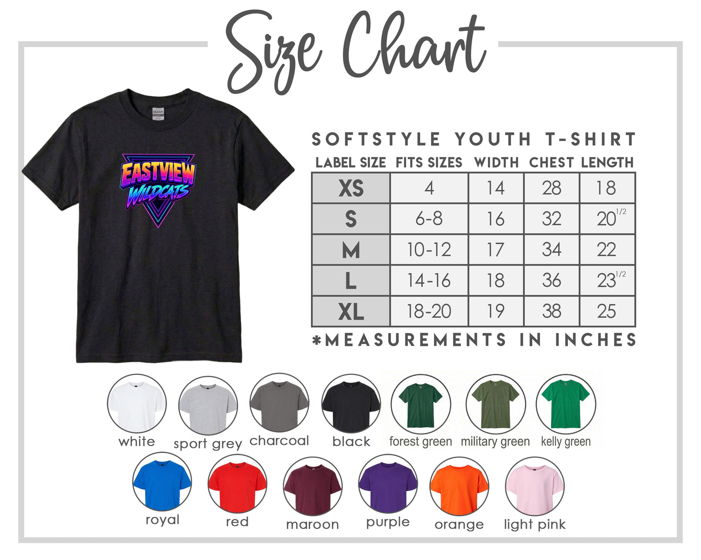 The image is a size chart for a softstyle youth t-shirt, providing measurements for different sizes and corresponding t-shirt colors.