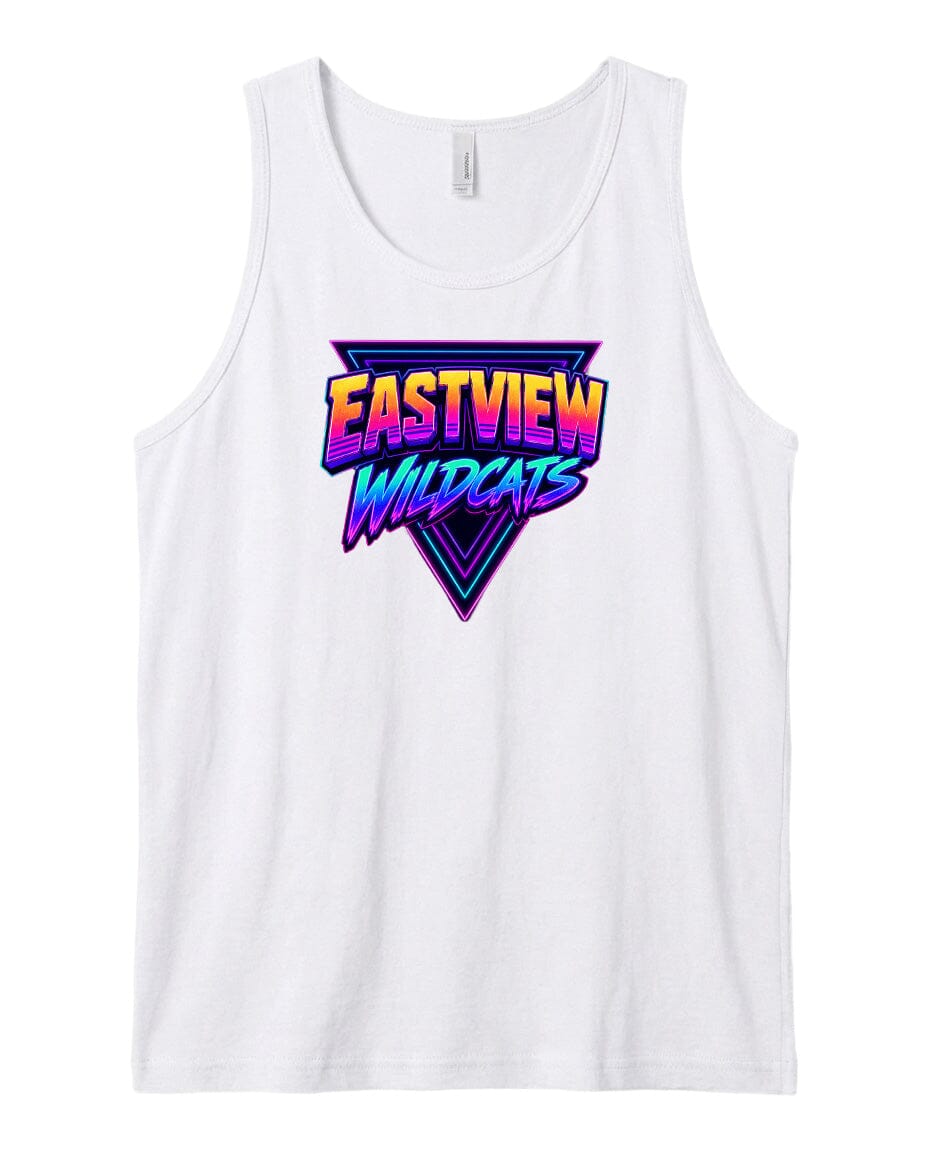 A white tank top with a colorful graphic design featuring the text "EASTVIEW WILD CATS" in a retro style.