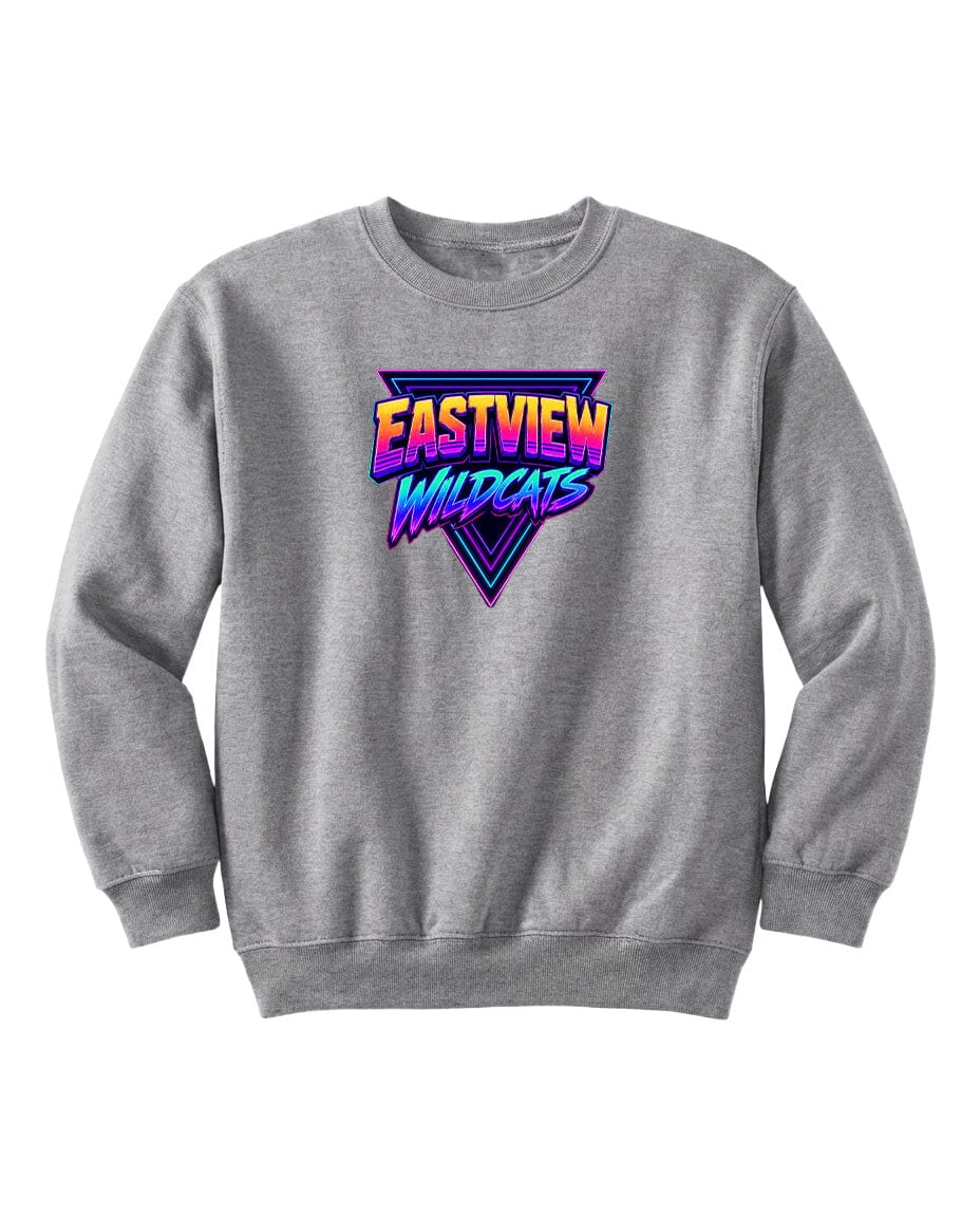 A gray sweatshirt with a graphic design featuring the text "EASTVIEW WILDCATS" in a colorful, retro-style font.