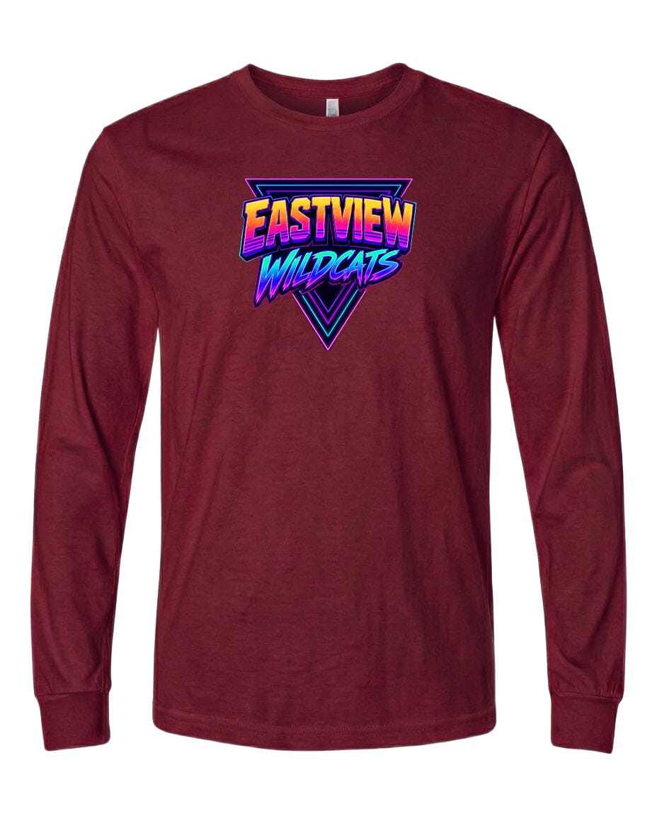 A burgundy long-sleeved t-shirt with a graphic design featuring the text "EASTVIEW WILDCATS" in a colorful, retro-style font.
