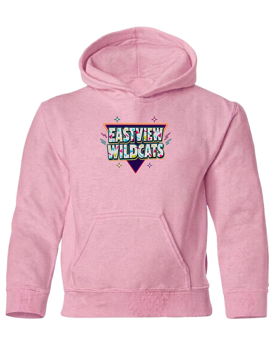 A pink hoodie with a graphic design featuring the text "EASTVIEW WILDCATS" and colorful stars.