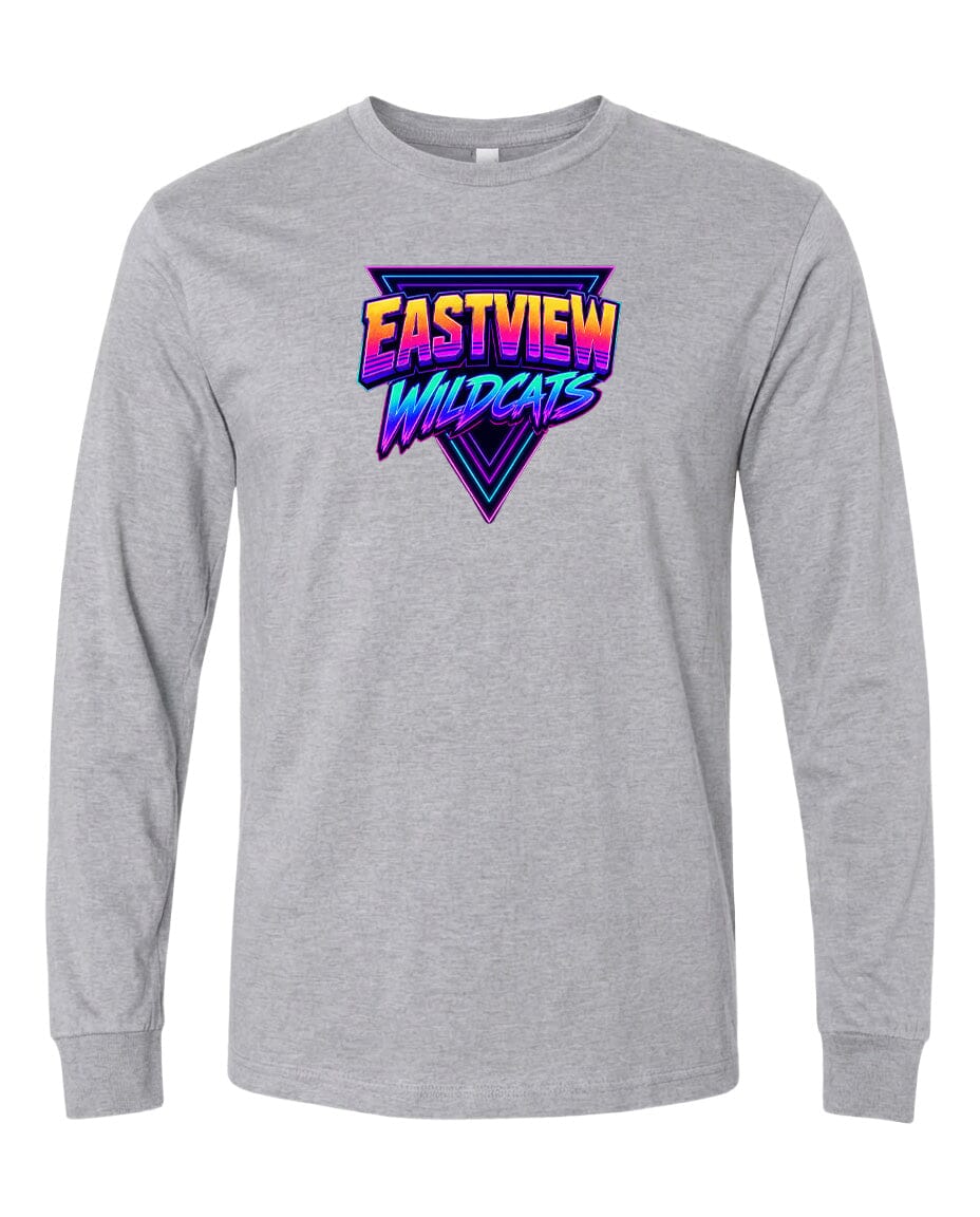 A gray long-sleeved t-shirt with a graphic design featuring the text "EASTVIEW WILDCATS" in a retro style.