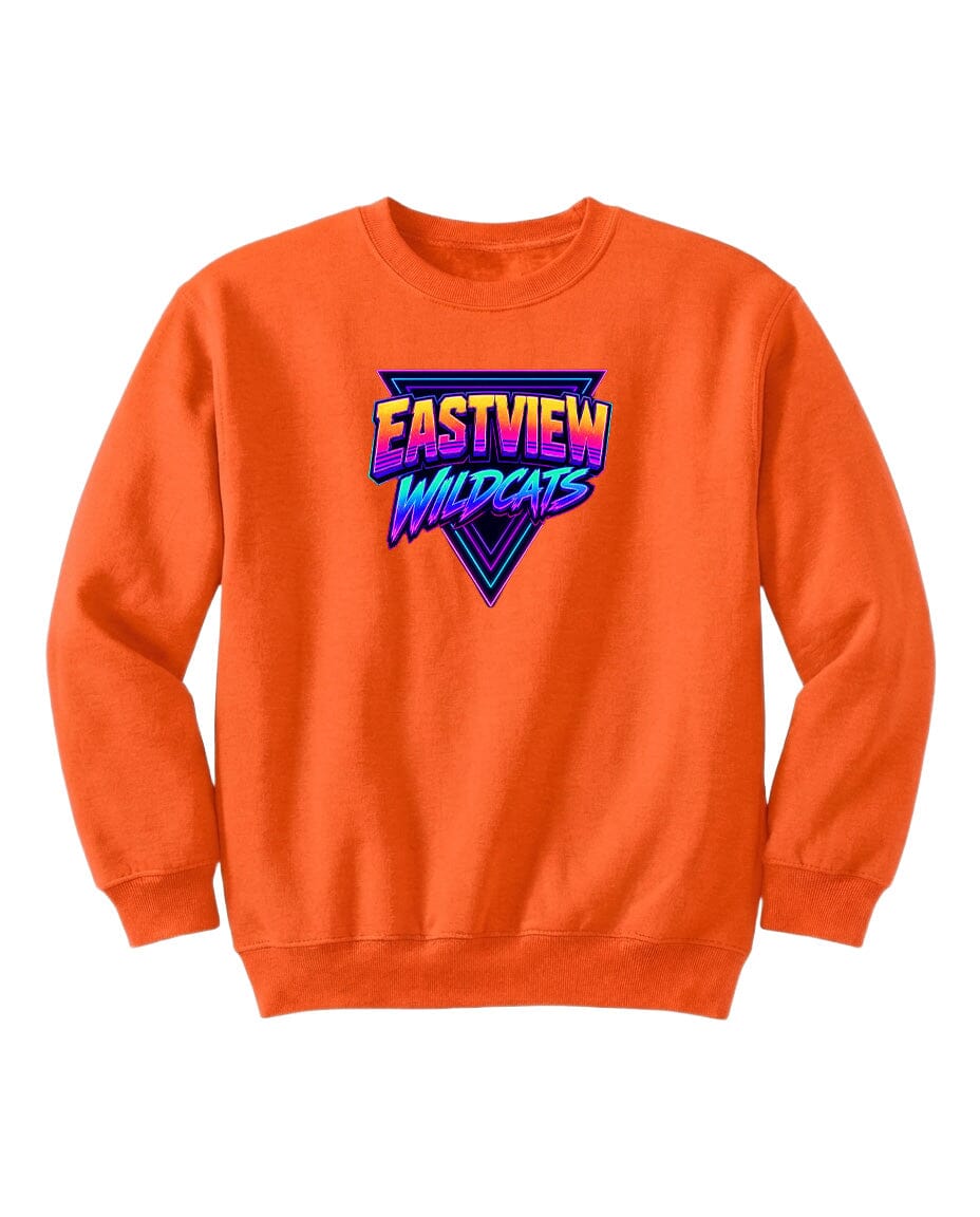 An orange sweatshirt with a graphic design featuring the text "EASTVIEW WILDCATS" in a stylized font.