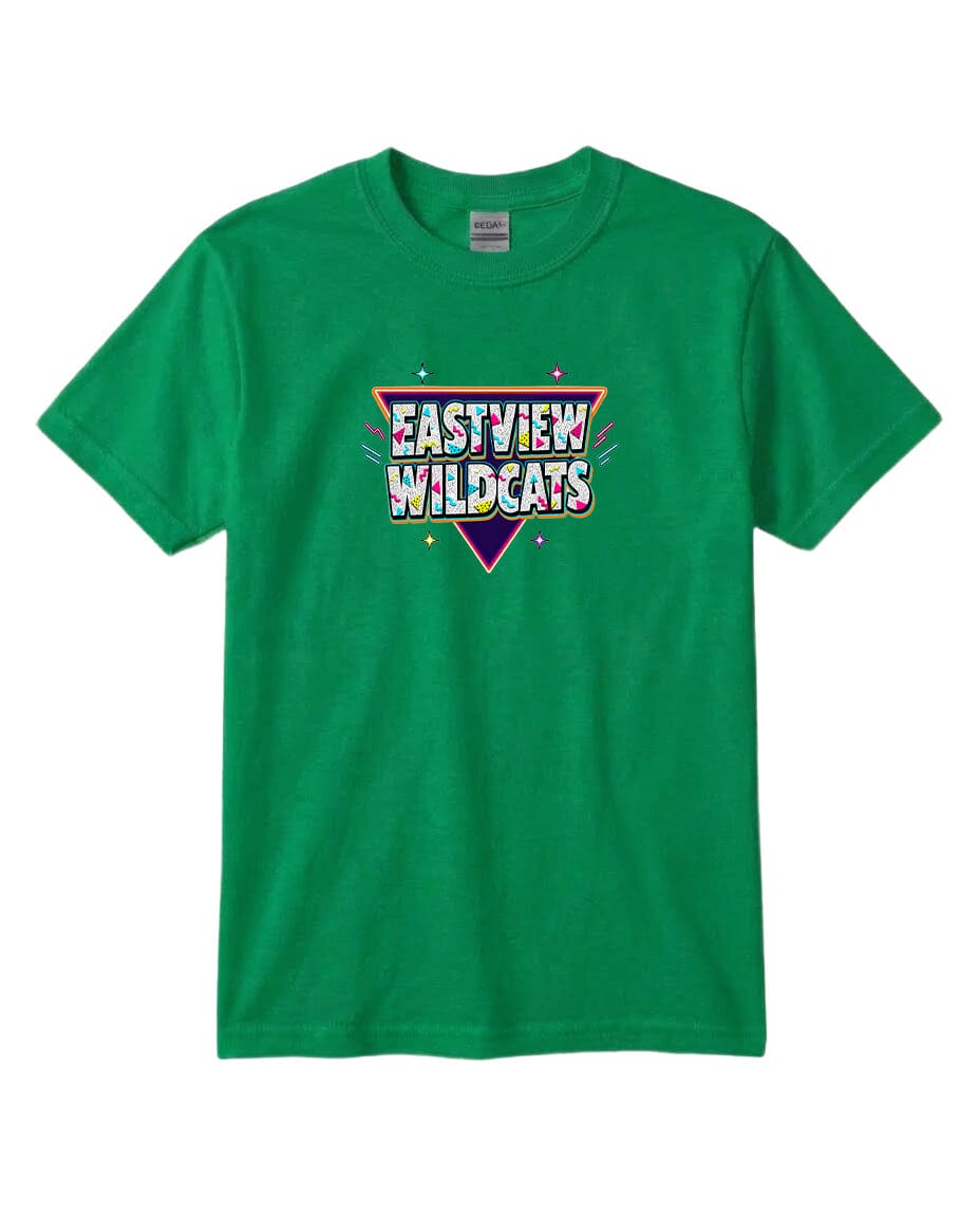 A green t-shirt with a graphic design featuring the text "EASYVIEW WILDCATS" in a colorful, retro-style font.