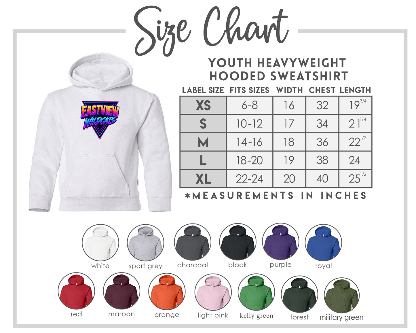 The image is a size chart for a youth heavyweight hooded sweatshirt. It includes a labeled hooded sweatshirt and a table with measurements for different sizes.