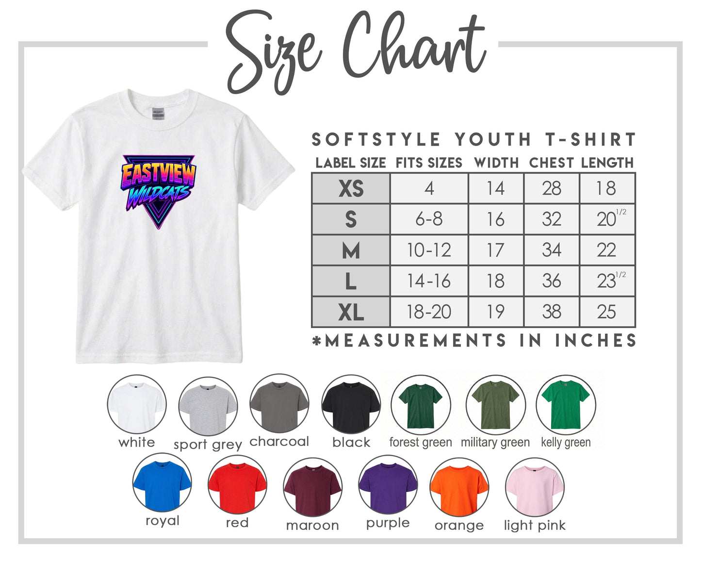 The image is a size chart for a softstyle youth t-shirt, providing measurements for different sizes and corresponding t-shirt colors.