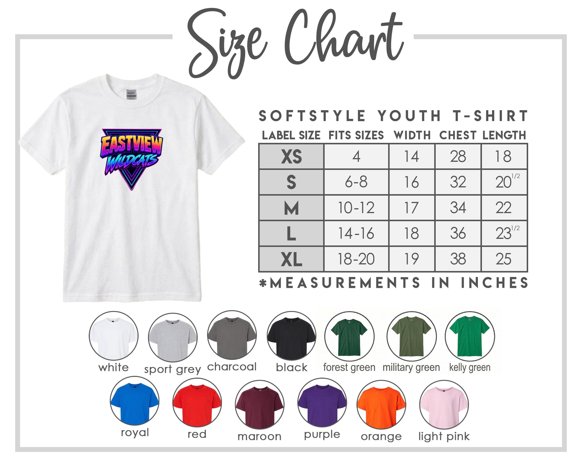 The image is a size chart for a softstyle youth t-shirt, providing measurements for different sizes and corresponding t-shirt colors.