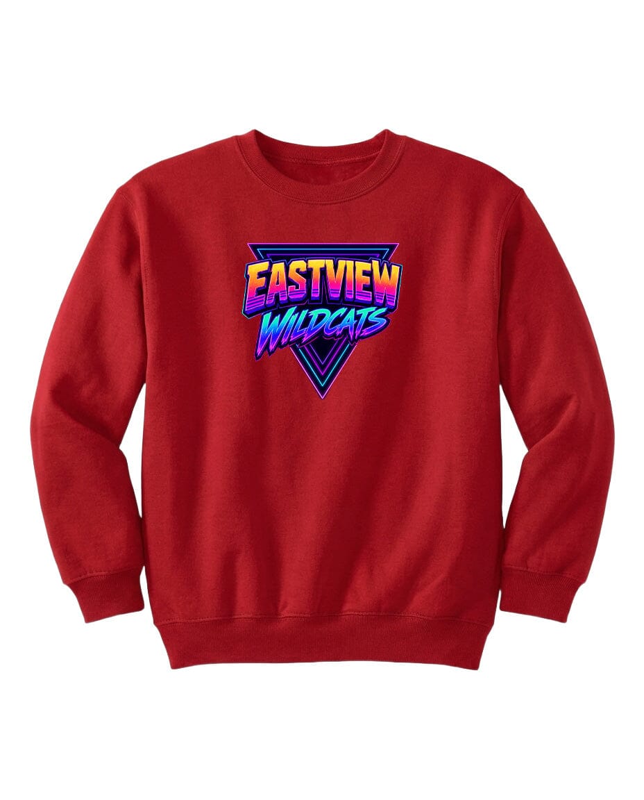 A red sweatshirt with a graphic design featuring the text "EASTVIEW WILDCATS" in a colorful, retro-style font.