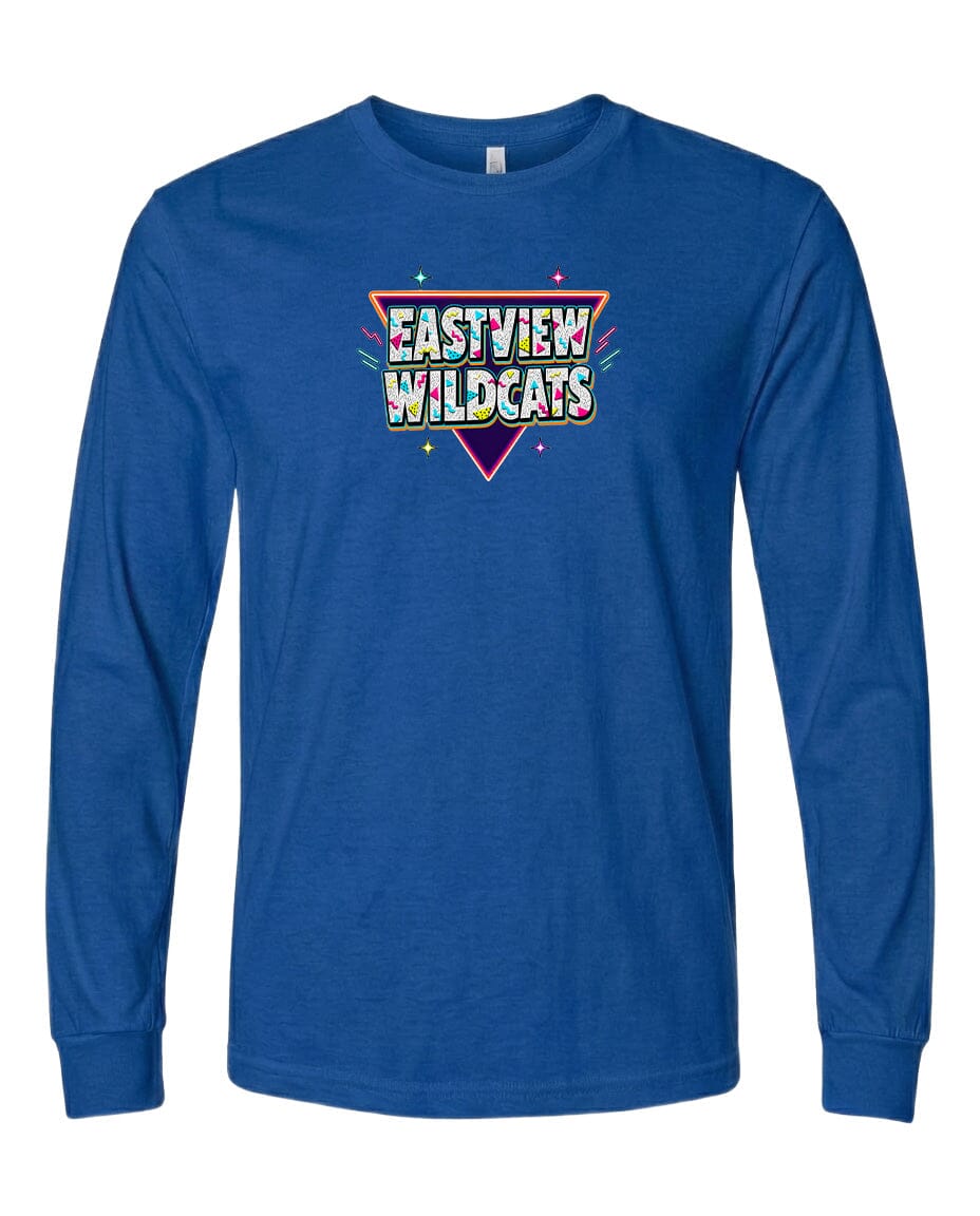 A blue long-sleeved t-shirt with a colorful graphic design on the front.