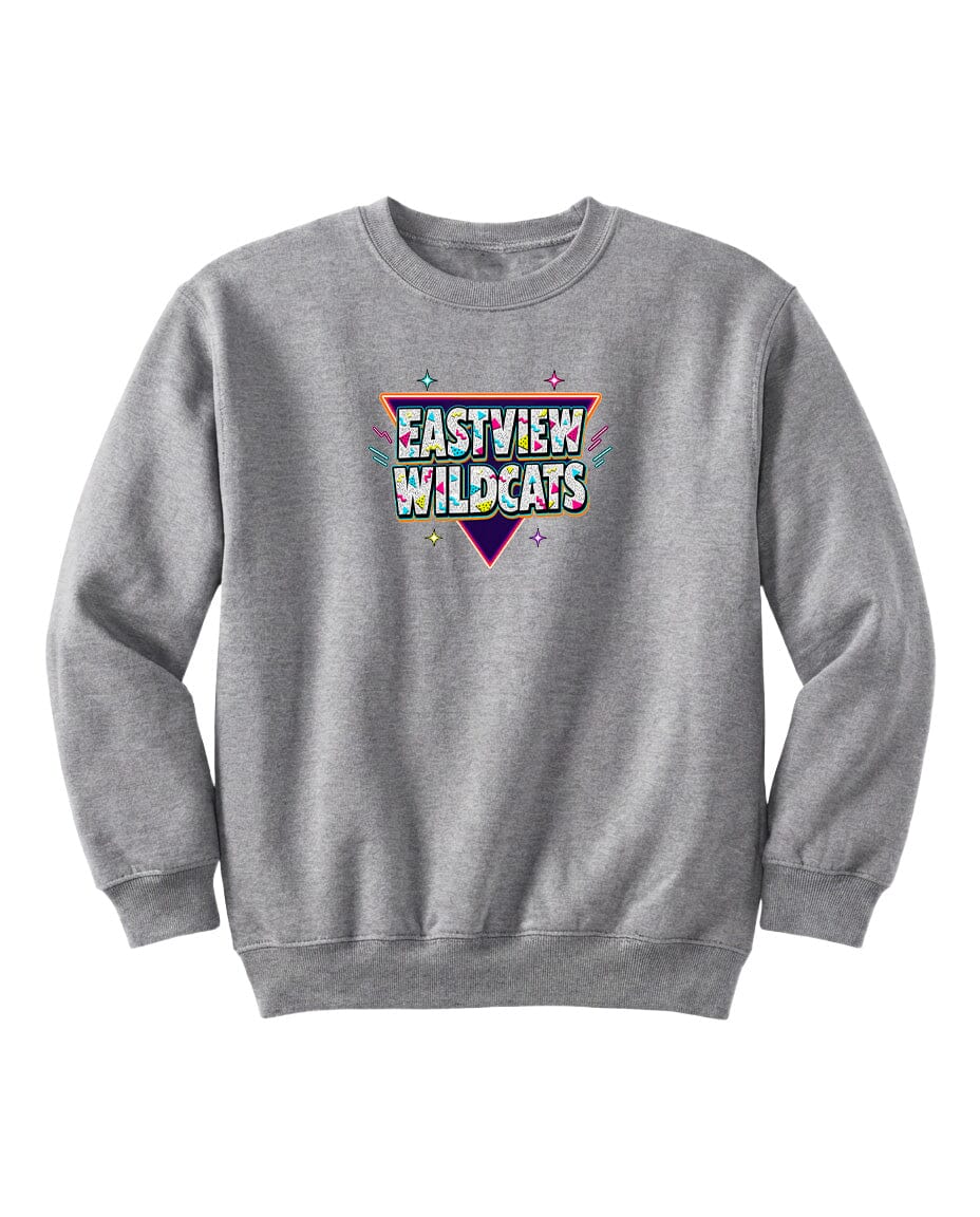 A gray sweatshirt with a colorful graphic design on the front.