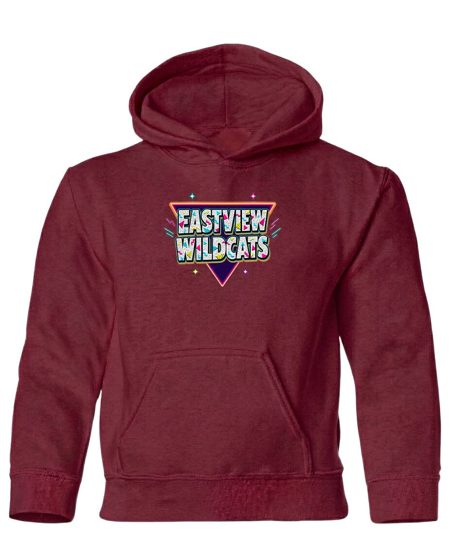A burgundy-colored hooded sweatshirt with a graphic design on the front.