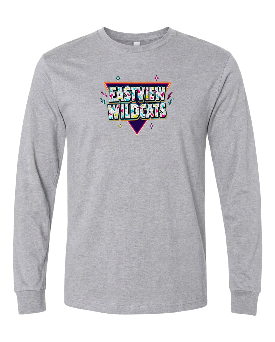 A gray long-sleeved t-shirt with a colorful graphic design on the front.