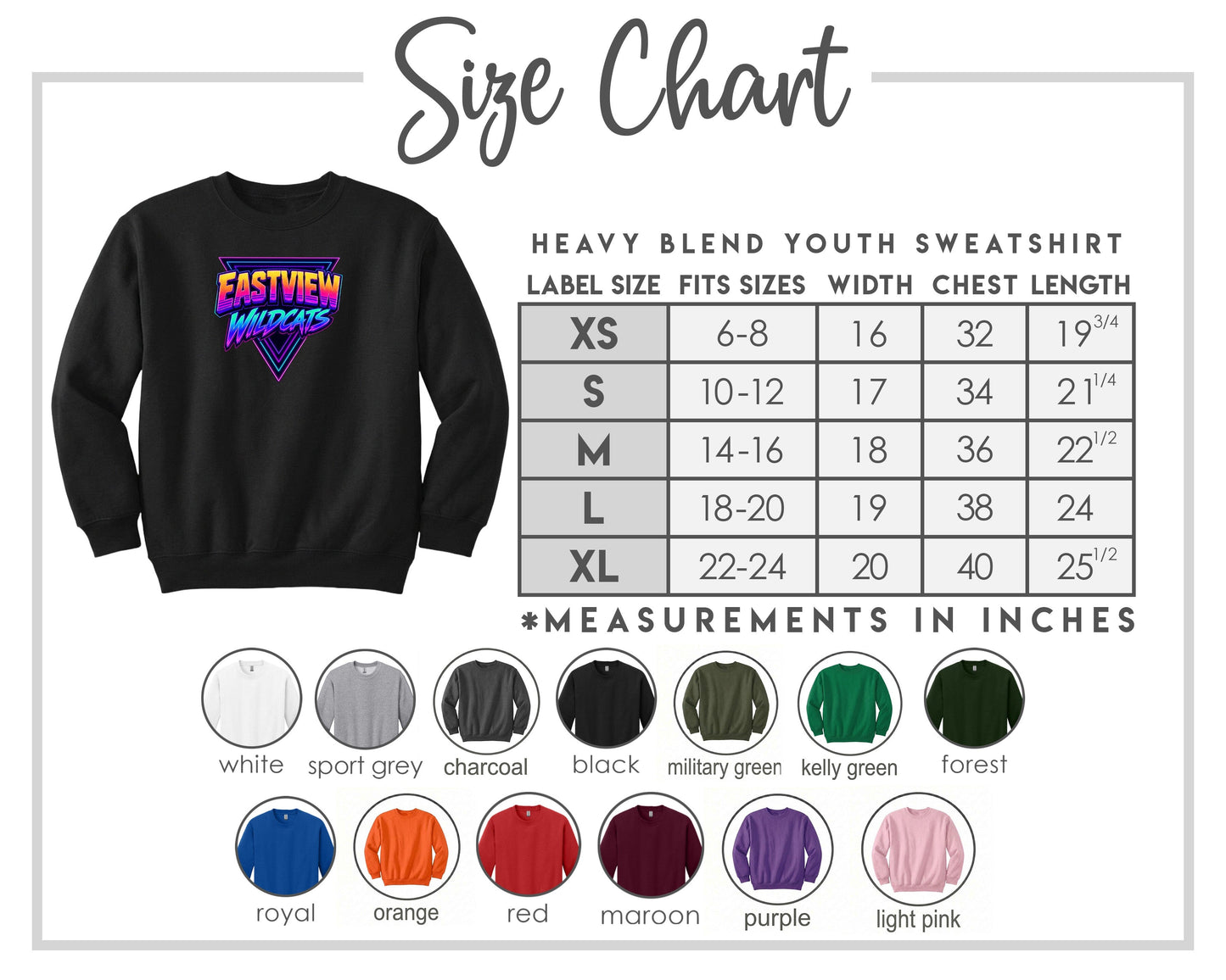The image is a size chart for a heavy blend youth sweatshirt, including various color options and corresponding measurements in inches.