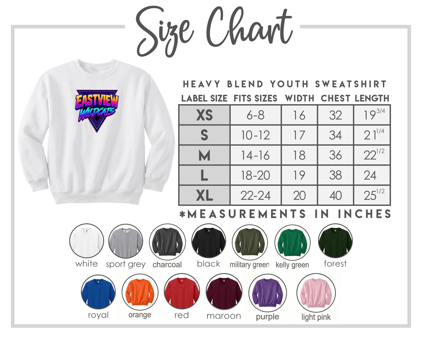 The image is a size chart for a heavy blend youth sweatshirt, including various color options and corresponding measurements in inches.
