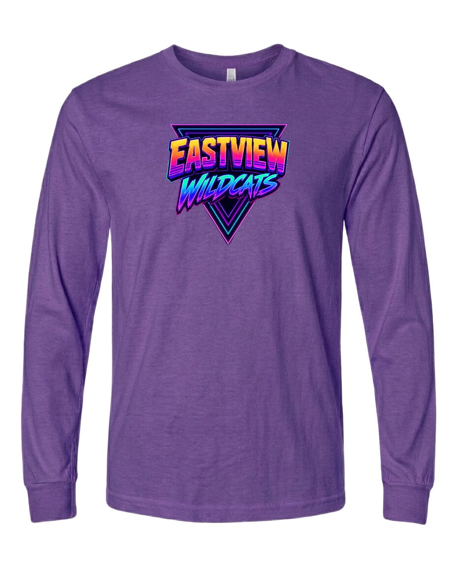 A purple long-sleeved t-shirt with a graphic design featuring the text "EASTVIEW WILDCATS" in a stylized font.