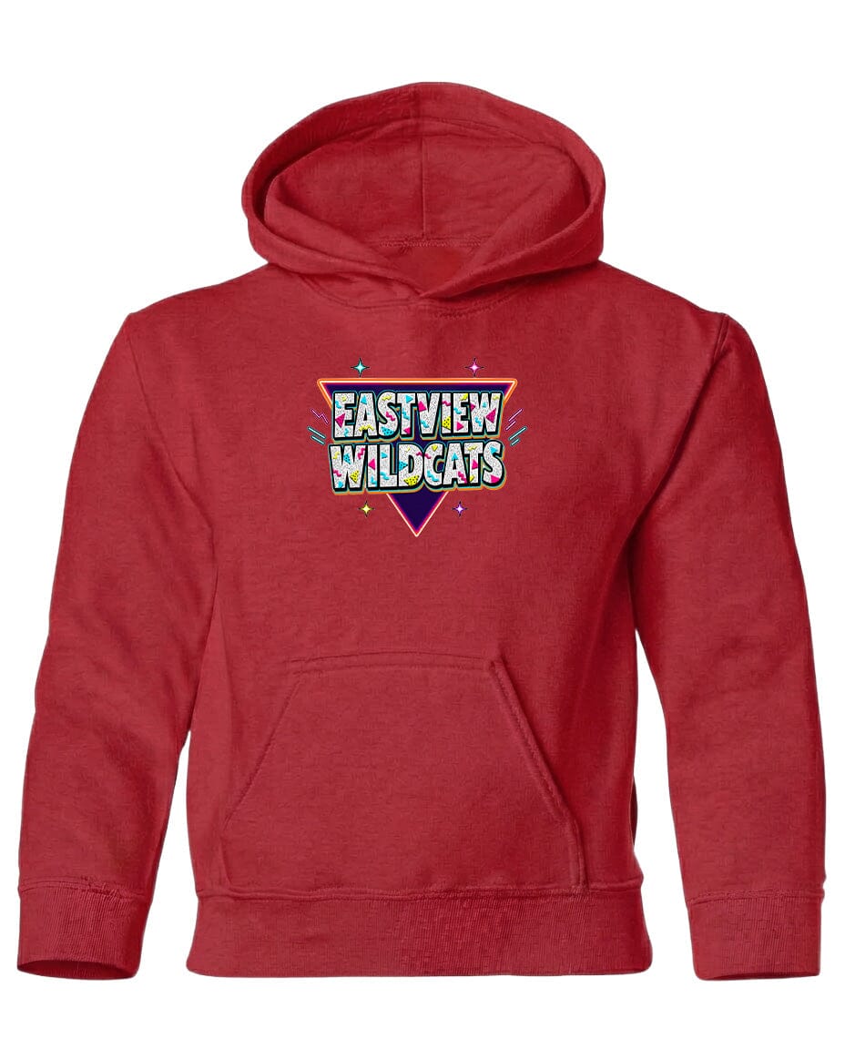A red hoodie with a graphic design on the front.