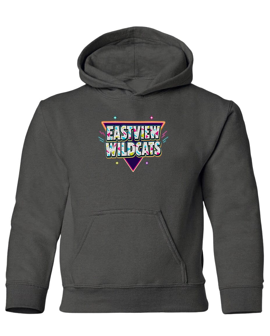 A gray hoodie with a colorful graphic design on the front.