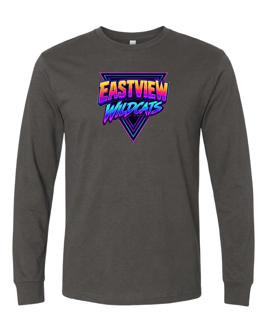 A gray long-sleeved t-shirt with a graphic design featuring the text "EASTVIEW WILDCATS" in a stylized font.