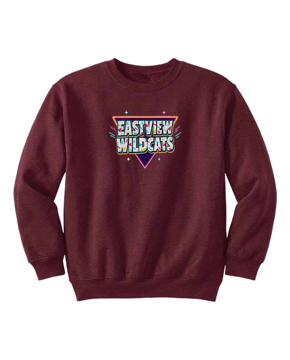 A burgundy sweatshirt with a colorful graphic design on the front, featuring the text "EASTVIEW WILDCATS" in a stylized font.