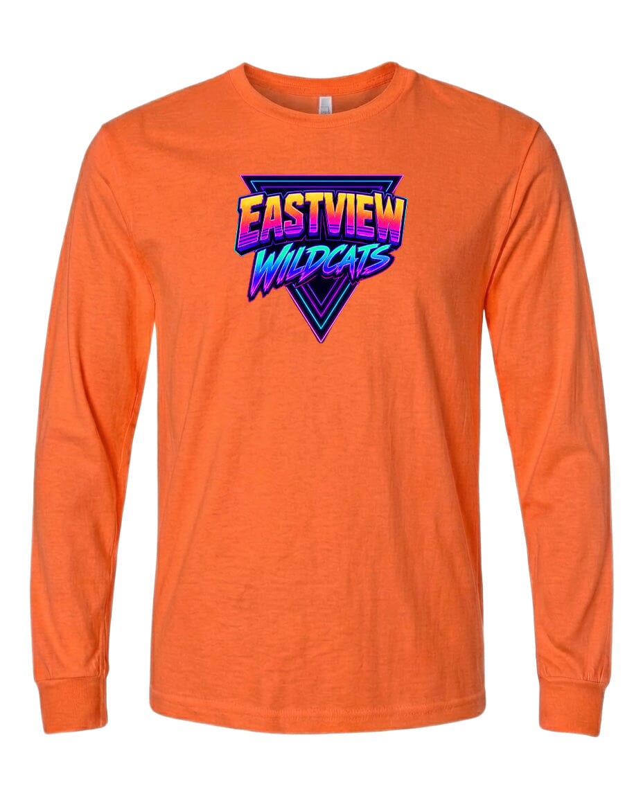 An orange long-sleeved t-shirt with a graphic design featuring the text "EASTVIEW WILDCATS" in a stylized font.