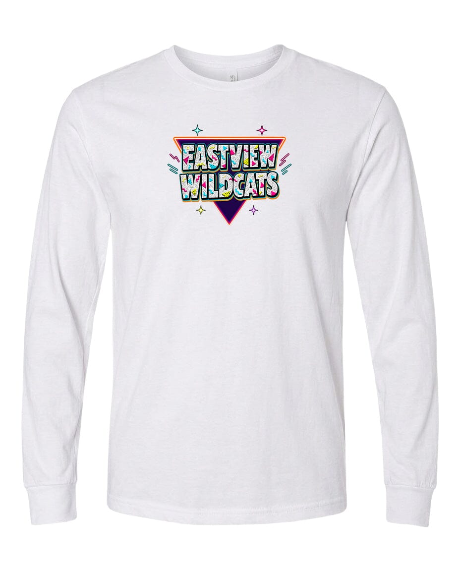 A white long-sleeved t-shirt with a colorful graphic design on the front.
