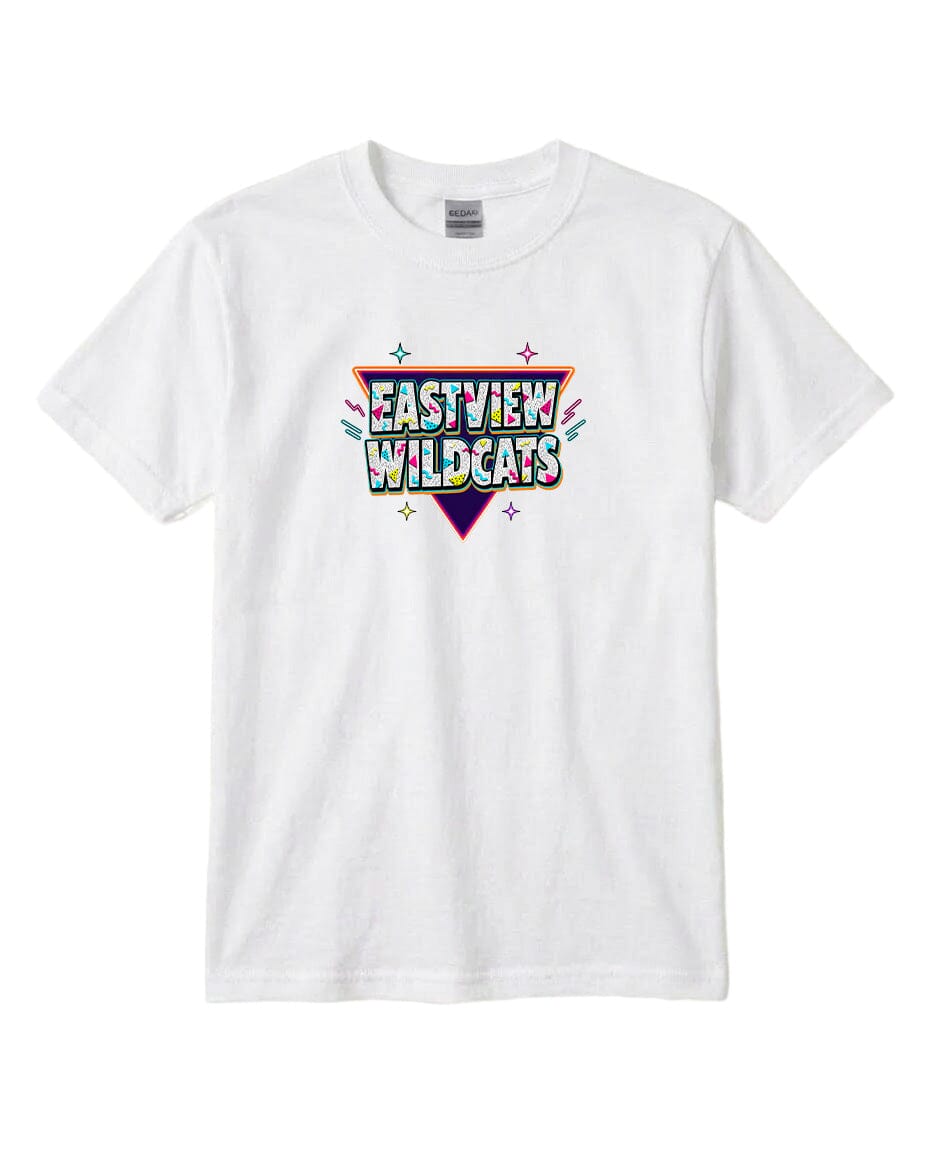 A white t-shirt with a colorful graphic design featuring the text "EASYVIEW WILDCATS" in a retro style.