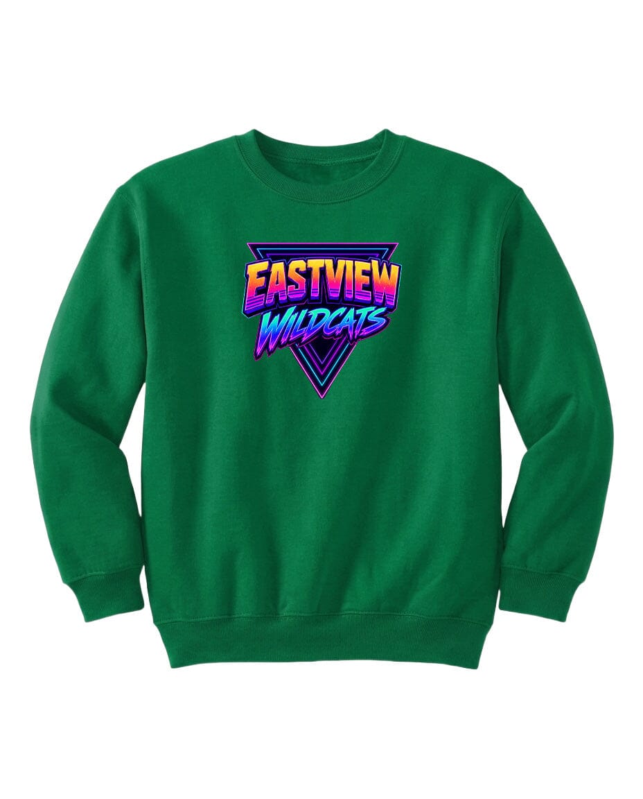 A green sweatshirt with a graphic design featuring the text "EASTVIEW WILDCATS" in a colorful, retro-style font.