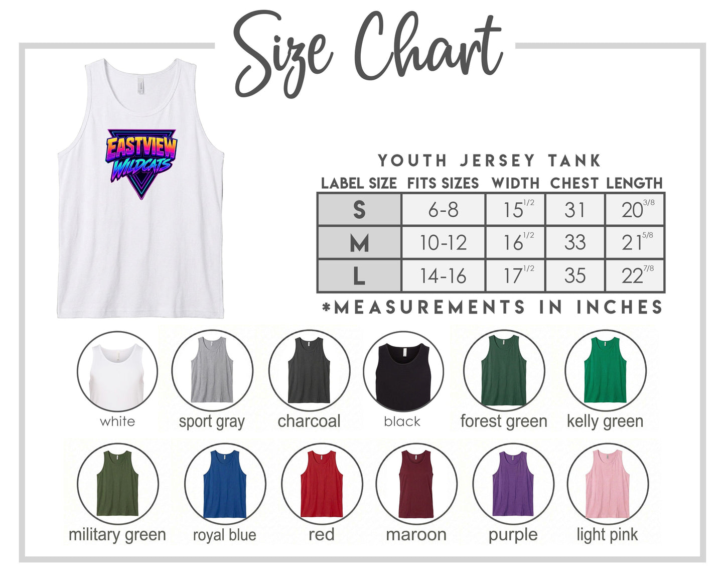 The image is a size chart for a youth jersey tank, displaying various color options and corresponding measurements in inches.