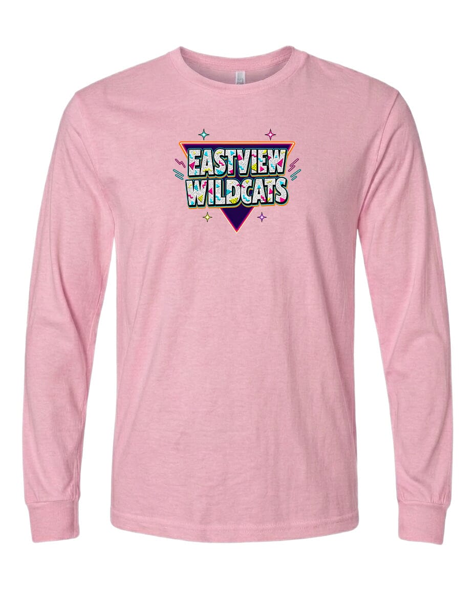 A pink long-sleeved t-shirt with a graphic design featuring the text "EASTVIEW WILDCATS" in a colorful, retro-style font.