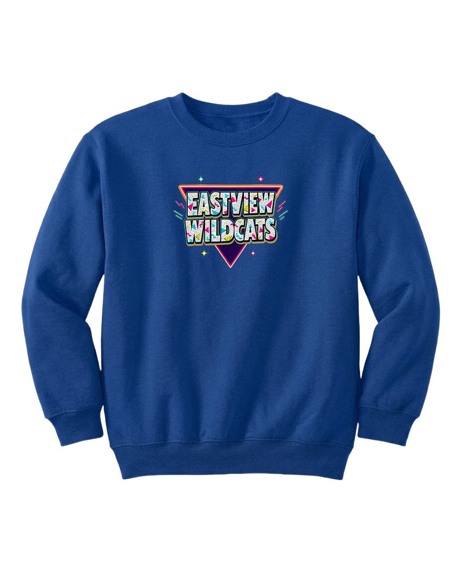 A blue sweatshirt with a colorful graphic design on the front.