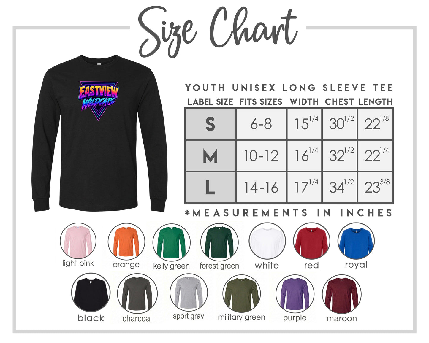 The image is a size chart for a youth unisex long sleeve tee, including various color options and corresponding measurements.