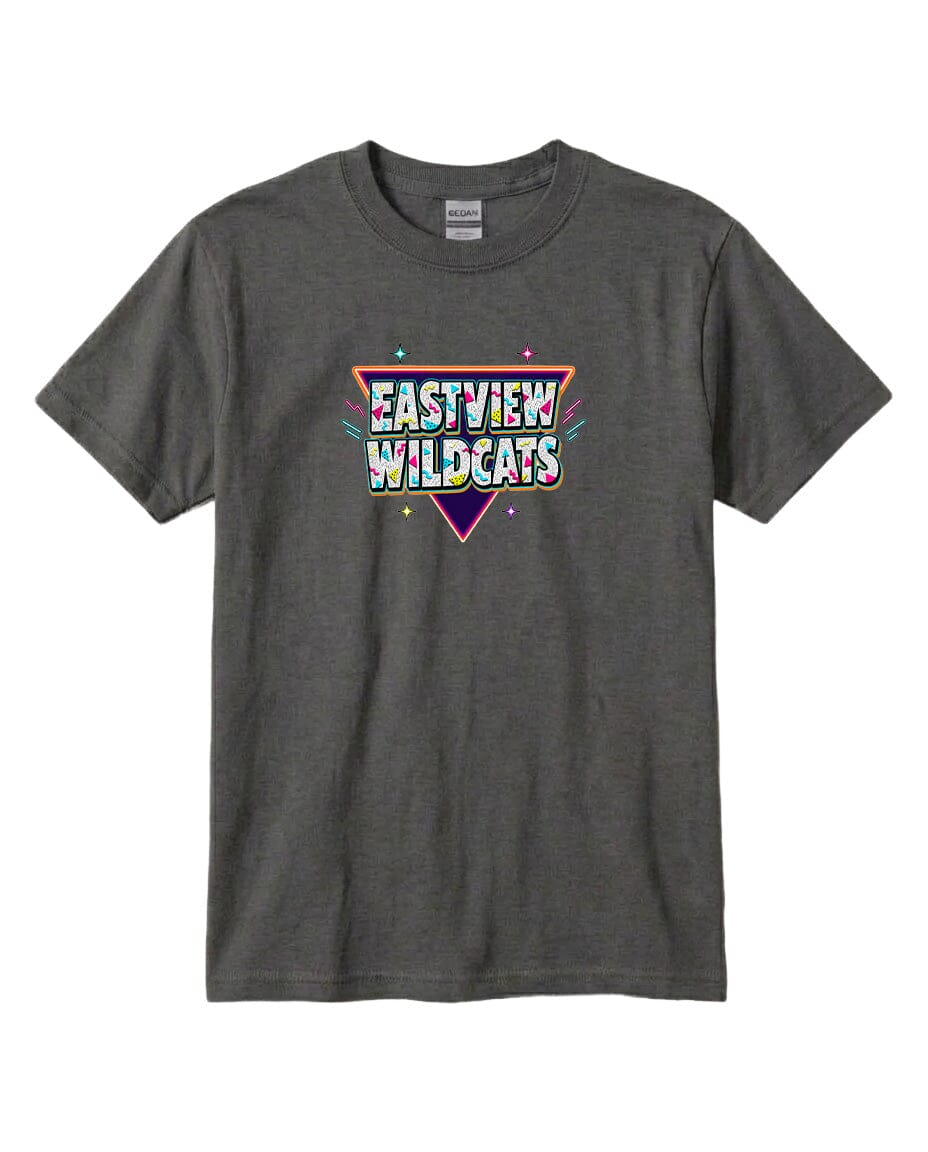 A gray t-shirt with a colorful graphic design featuring the text "EASYVIEW WILDCATS" in a retro style.
