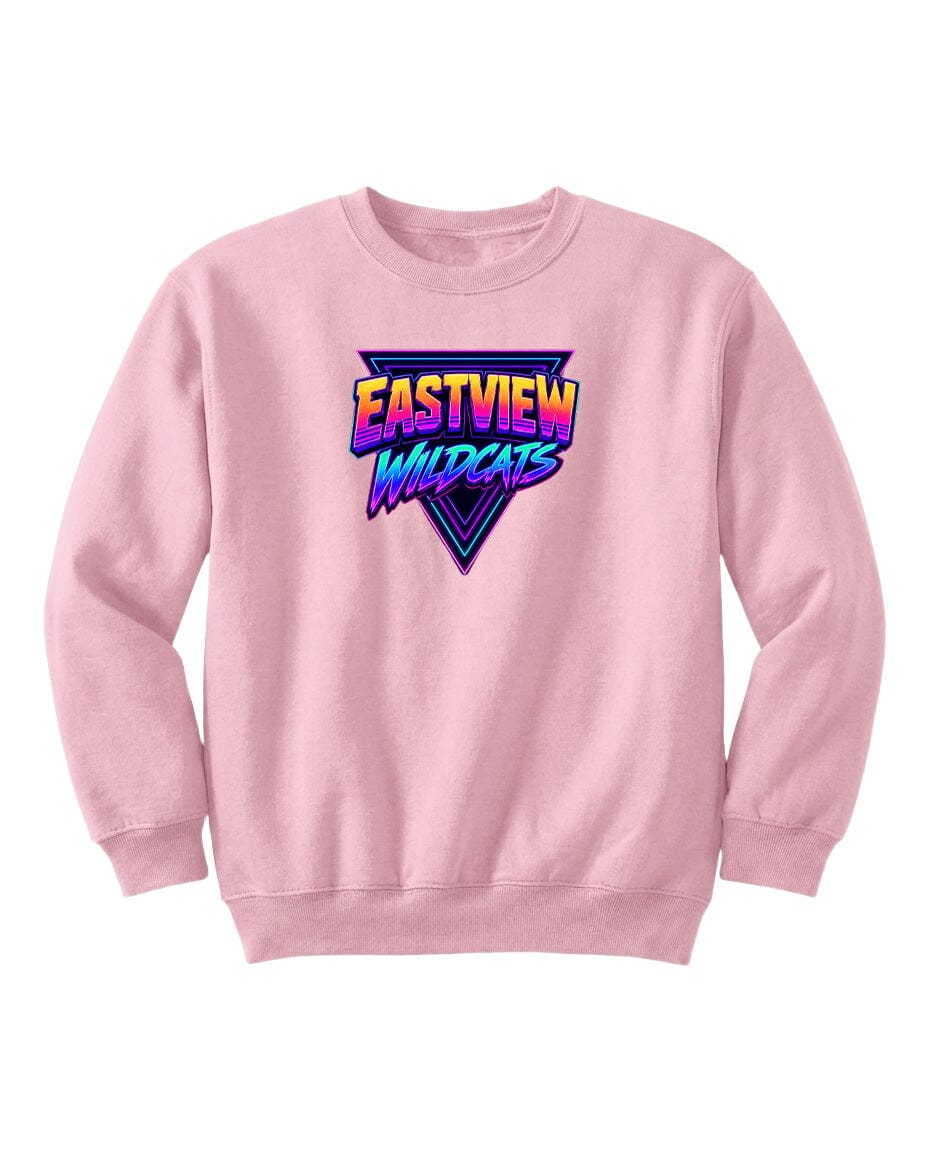 A pink sweatshirt with a graphic design featuring the text "EASTVIEW WILDCATS" in a colorful, retro-style font.