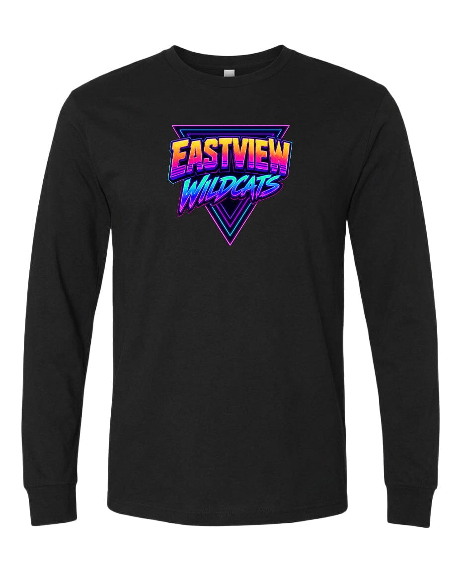 A black long-sleeved t-shirt with a colorful graphic design featuring the text "EASTVIEW WILDCATS" in a stylized font.