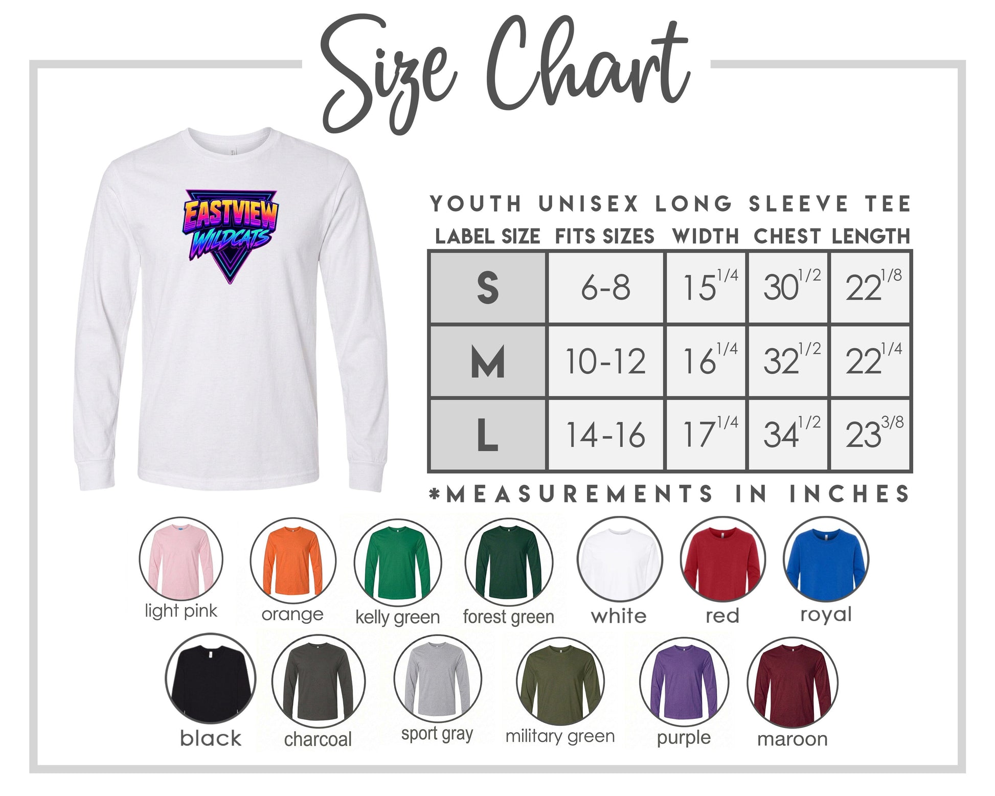 The image is a size chart for a youth unisex long sleeve tee, including various color options and corresponding measurements.