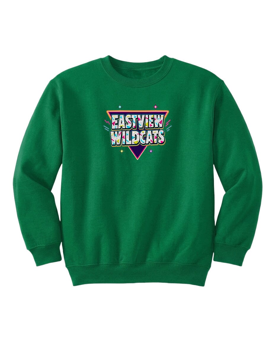 A green sweatshirt with a colorful graphic design on the front.