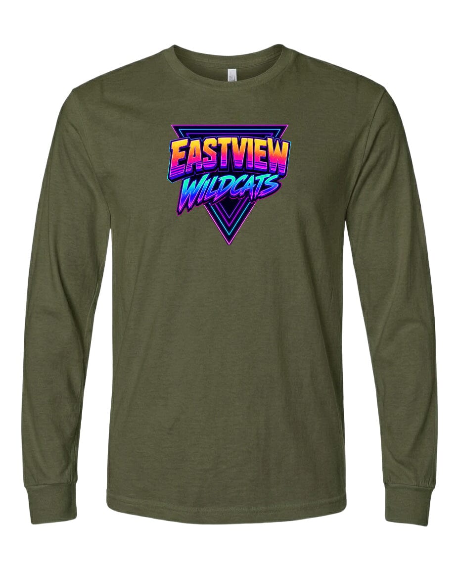 A long-sleeved olive green t-shirt with a graphic design featuring the text "EASTVIEW WILDCATS" in a colorful, retro-style font.