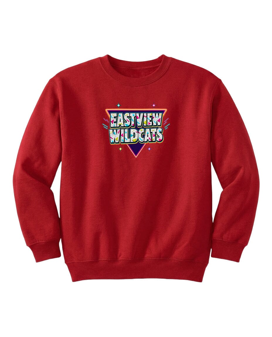 A red sweatshirt with a colorful graphic design on the front, featuring the text "EASTVIEW WILDCATS" in a stylized font.