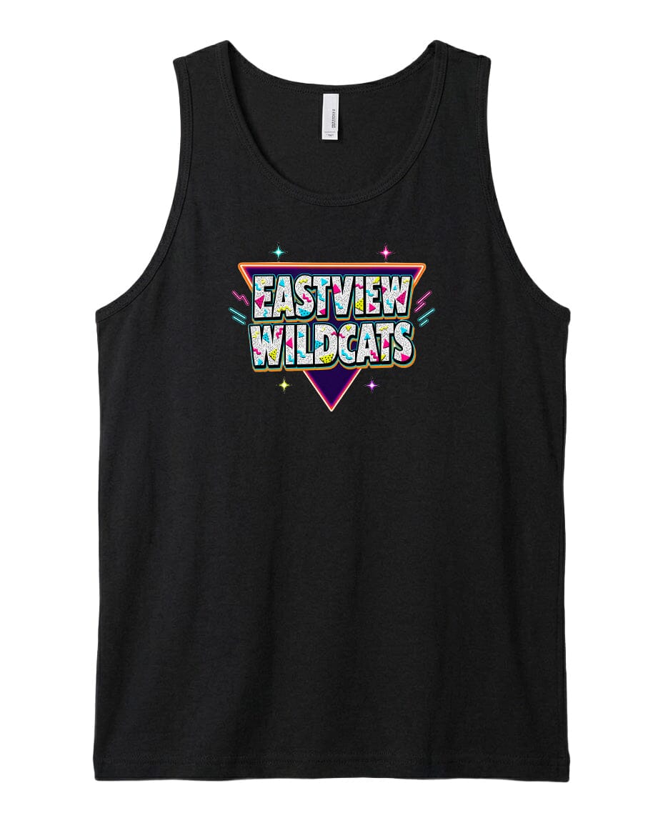 A black tank top with a colorful graphic design featuring the text "EASTVIEW WILDCATS" in a retro style.