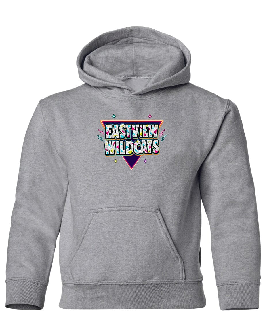 A gray hooded sweatshirt with a colorful graphic design on the front.