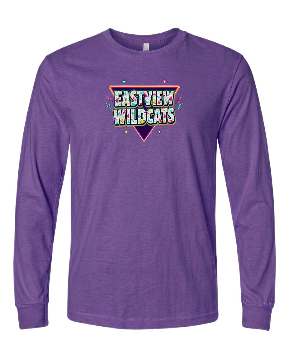 A purple long-sleeved t-shirt with a colorful graphic design on the front.